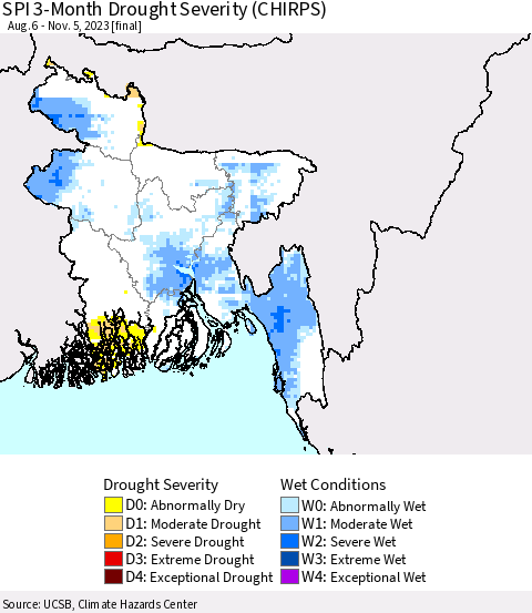 Bangladesh SPI 3-Month Drought Severity (CHIRPS) Thematic Map For 8/6/2023 - 11/5/2023
