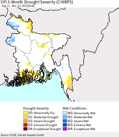 Bangladesh SPI 3-Month Drought Severity (CHIRPS) Thematic Map For 8/11/2023 - 11/10/2023