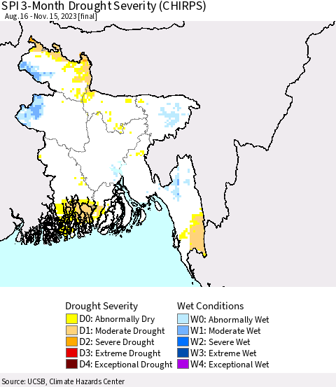 Bangladesh SPI 3-Month Drought Severity (CHIRPS) Thematic Map For 8/16/2023 - 11/15/2023