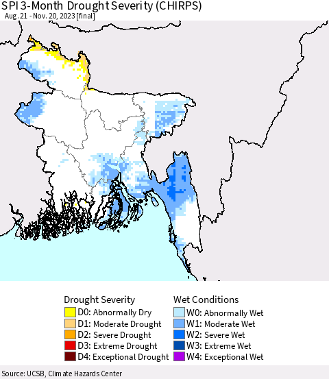 Bangladesh SPI 3-Month Drought Severity (CHIRPS) Thematic Map For 8/21/2023 - 11/20/2023