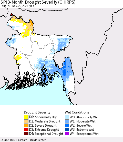 Bangladesh SPI 3-Month Drought Severity (CHIRPS) Thematic Map For 8/26/2023 - 11/25/2023