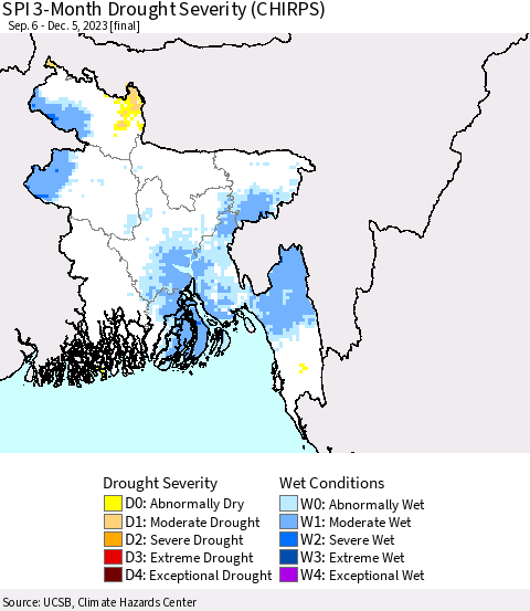 Bangladesh SPI 3-Month Drought Severity (CHIRPS) Thematic Map For 9/6/2023 - 12/5/2023