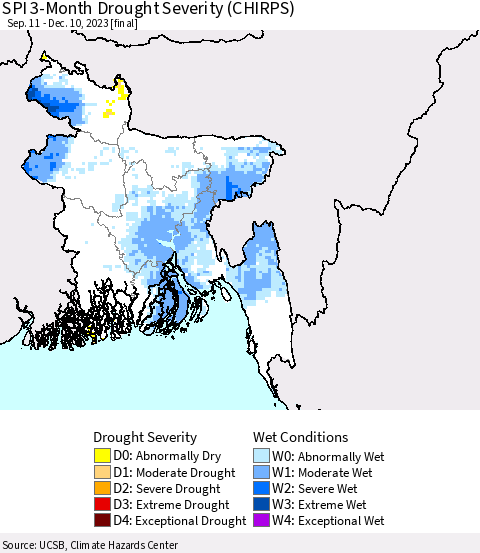 Bangladesh SPI 3-Month Drought Severity (CHIRPS) Thematic Map For 9/11/2023 - 12/10/2023