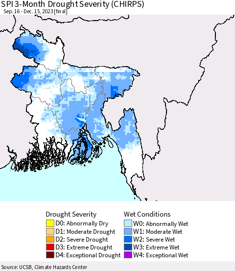 Bangladesh SPI 3-Month Drought Severity (CHIRPS) Thematic Map For 9/16/2023 - 12/15/2023
