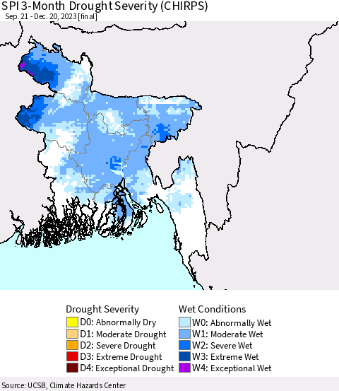 Bangladesh SPI 3-Month Drought Severity (CHIRPS) Thematic Map For 9/21/2023 - 12/20/2023