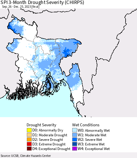Bangladesh SPI 3-Month Drought Severity (CHIRPS) Thematic Map For 9/26/2023 - 12/25/2023