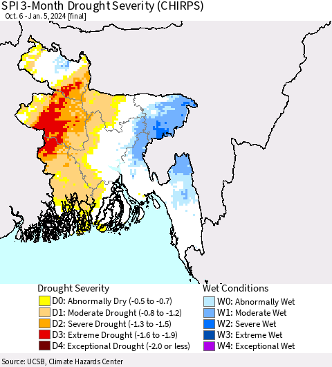 Bangladesh SPI 3-Month Drought Severity (CHIRPS) Thematic Map For 10/6/2023 - 1/5/2024