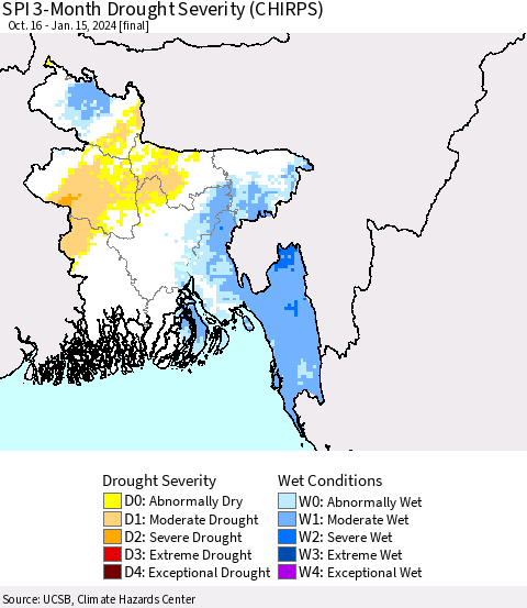Bangladesh SPI 3-Month Drought Severity (CHIRPS) Thematic Map For 10/16/2023 - 1/15/2024