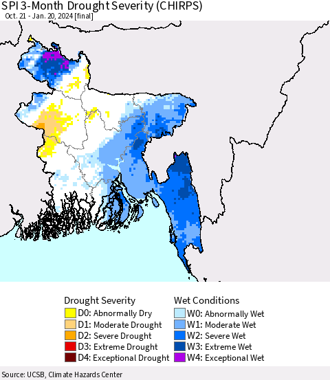 Bangladesh SPI 3-Month Drought Severity (CHIRPS) Thematic Map For 10/21/2023 - 1/20/2024