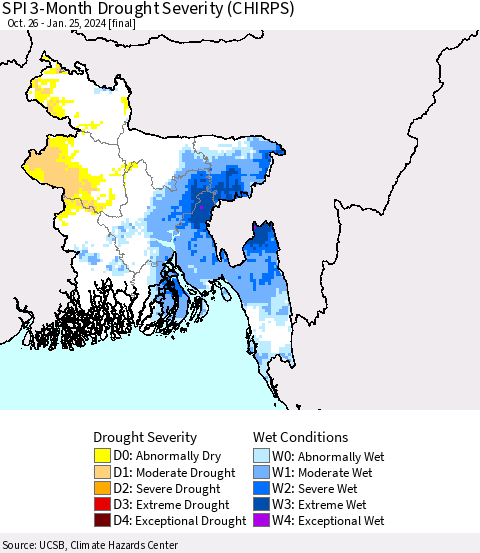 Bangladesh SPI 3-Month Drought Severity (CHIRPS) Thematic Map For 10/26/2023 - 1/25/2024
