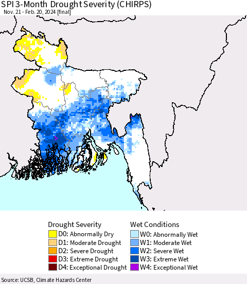 Bangladesh SPI 3-Month Drought Severity (CHIRPS) Thematic Map For 11/21/2023 - 2/20/2024