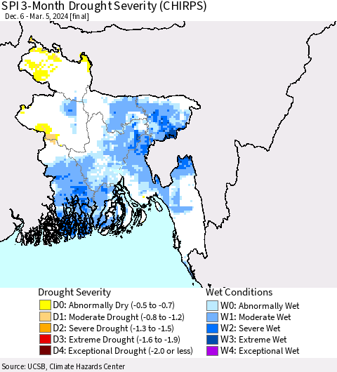 Bangladesh SPI 3-Month Drought Severity (CHIRPS) Thematic Map For 12/6/2023 - 3/5/2024