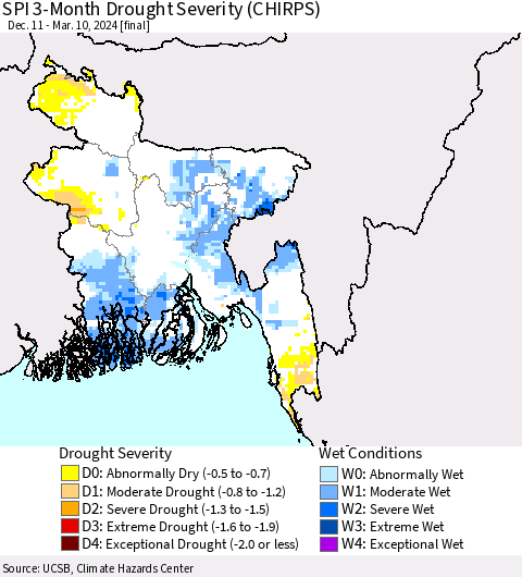 Bangladesh SPI 3-Month Drought Severity (CHIRPS) Thematic Map For 12/11/2023 - 3/10/2024