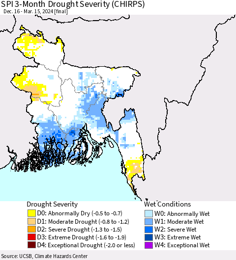 Bangladesh SPI 3-Month Drought Severity (CHIRPS) Thematic Map For 12/16/2023 - 3/15/2024