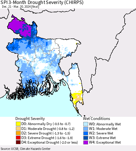 Bangladesh SPI 3-Month Drought Severity (CHIRPS) Thematic Map For 12/21/2023 - 3/20/2024