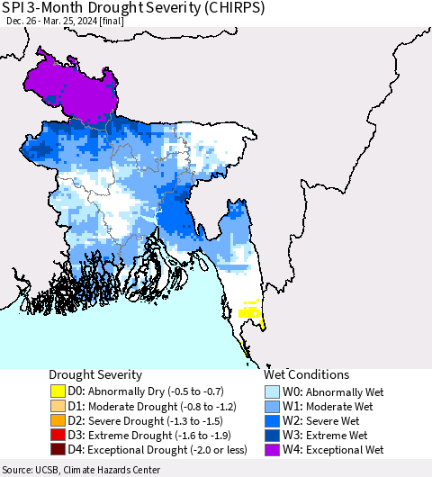 Bangladesh SPI 3-Month Drought Severity (CHIRPS) Thematic Map For 12/26/2023 - 3/25/2024