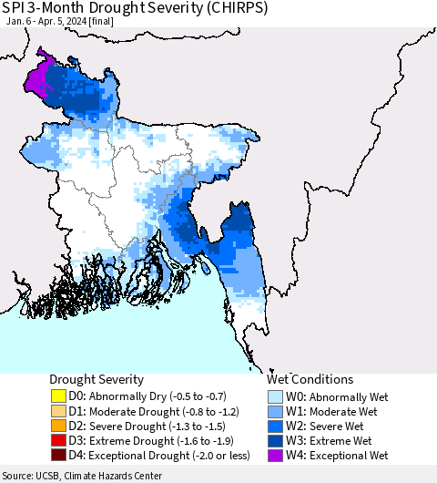 Bangladesh SPI 3-Month Drought Severity (CHIRPS) Thematic Map For 1/6/2024 - 4/5/2024
