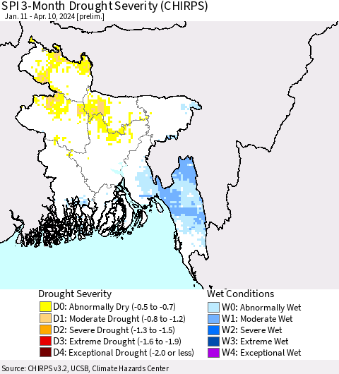Bangladesh SPI 3-Month Drought Severity (CHIRPS) Thematic Map For 1/11/2024 - 4/10/2024