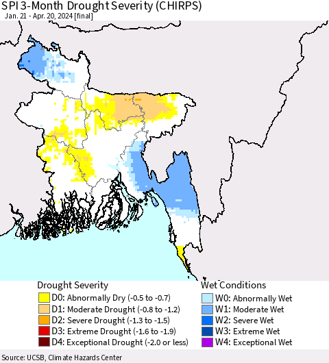 Bangladesh SPI 3-Month Drought Severity (CHIRPS) Thematic Map For 1/21/2024 - 4/20/2024
