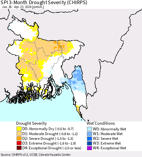 Bangladesh SPI 3-Month Drought Severity (CHIRPS) Thematic Map For 1/26/2024 - 4/25/2024
