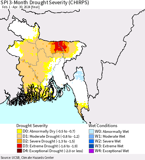 Bangladesh SPI 3-Month Drought Severity (CHIRPS) Thematic Map For 2/1/2024 - 4/30/2024
