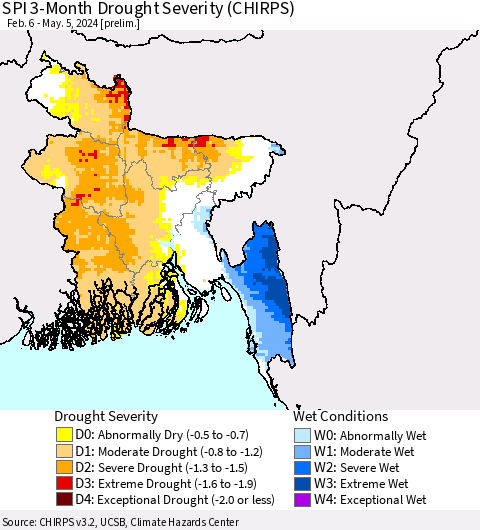 Bangladesh SPI 3-Month Drought Severity (CHIRPS) Thematic Map For 2/6/2024 - 5/5/2024