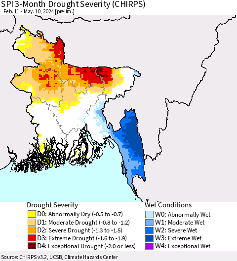 Bangladesh SPI 3-Month Drought Severity (CHIRPS) Thematic Map For 2/11/2024 - 5/10/2024