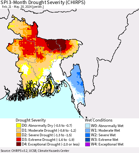 Bangladesh SPI 3-Month Drought Severity (CHIRPS) Thematic Map For 2/21/2024 - 5/20/2024