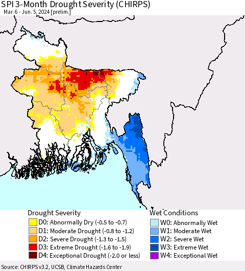 Bangladesh SPI 3-Month Drought Severity (CHIRPS) Thematic Map For 3/6/2024 - 6/5/2024