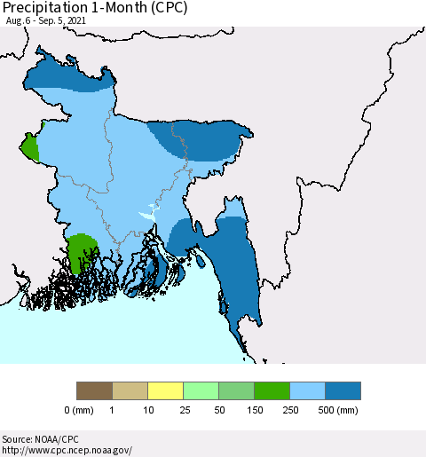 Bangladesh Precipitation 1-Month (CPC) Thematic Map For 8/6/2021 - 9/5/2021