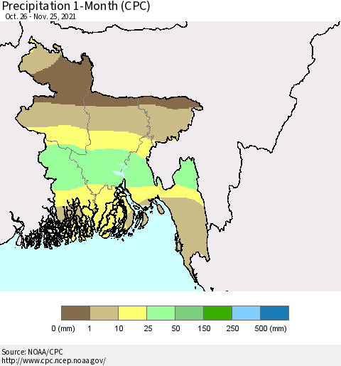 Bangladesh Precipitation 1-Month (CPC) Thematic Map For 10/26/2021 - 11/25/2021