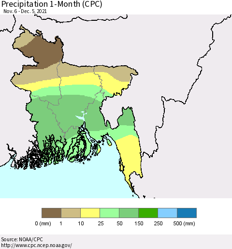 Bangladesh Precipitation 1-Month (CPC) Thematic Map For 11/6/2021 - 12/5/2021