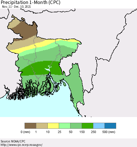 Bangladesh Precipitation 1-Month (CPC) Thematic Map For 11/11/2021 - 12/10/2021