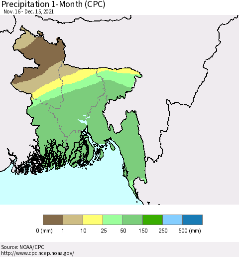 Bangladesh Precipitation 1-Month (CPC) Thematic Map For 11/16/2021 - 12/15/2021