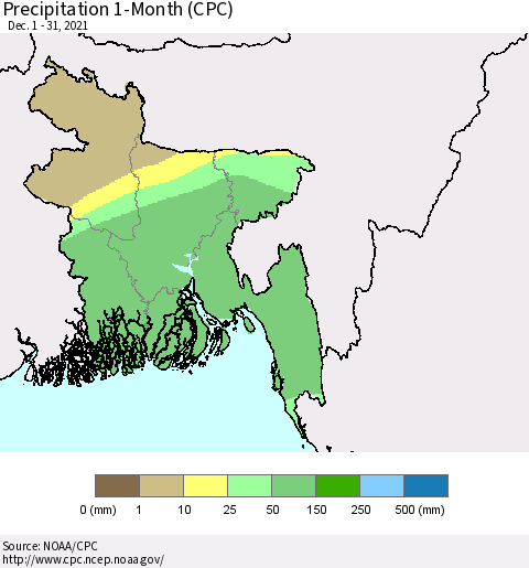 Bangladesh Precipitation 1-Month (CPC) Thematic Map For 12/1/2021 - 12/31/2021