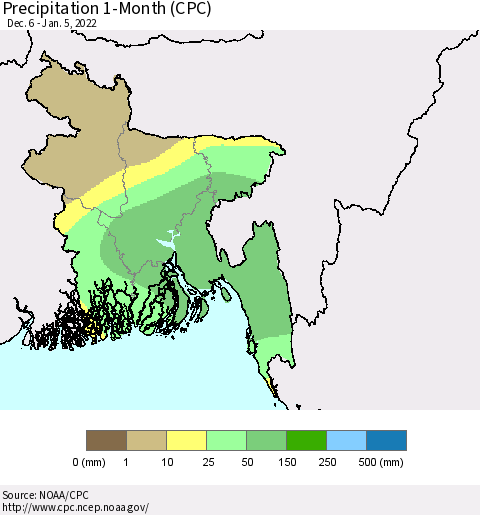 Bangladesh Precipitation 1-Month (CPC) Thematic Map For 12/6/2021 - 1/5/2022
