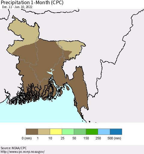 Bangladesh Precipitation 1-Month (CPC) Thematic Map For 12/11/2021 - 1/10/2022