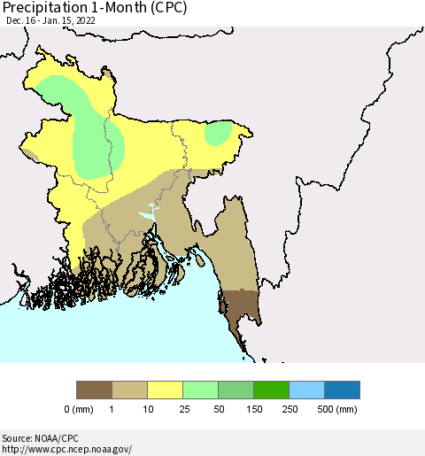Bangladesh Precipitation 1-Month (CPC) Thematic Map For 12/16/2021 - 1/15/2022