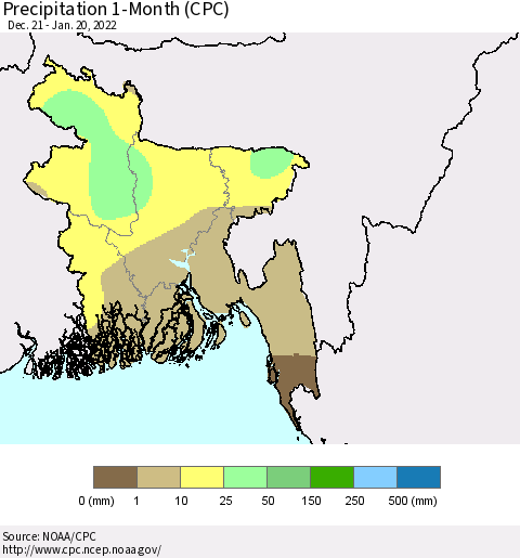 Bangladesh Precipitation 1-Month (CPC) Thematic Map For 12/21/2021 - 1/20/2022