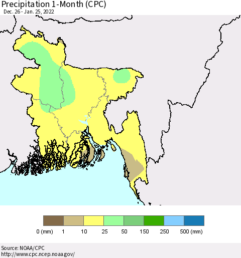 Bangladesh Precipitation 1-Month (CPC) Thematic Map For 12/26/2021 - 1/25/2022