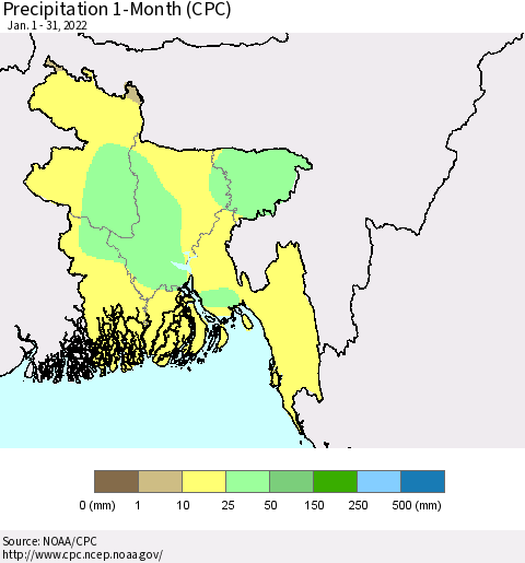Bangladesh Precipitation 1-Month (CPC) Thematic Map For 1/1/2022 - 1/31/2022