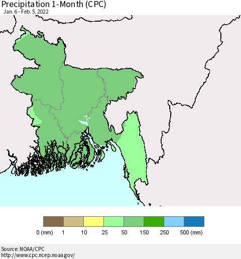Bangladesh Precipitation 1-Month (CPC) Thematic Map For 1/6/2022 - 2/5/2022