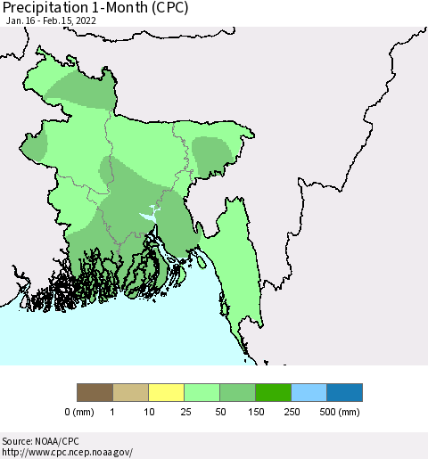Bangladesh Precipitation 1-Month (CPC) Thematic Map For 1/16/2022 - 2/15/2022