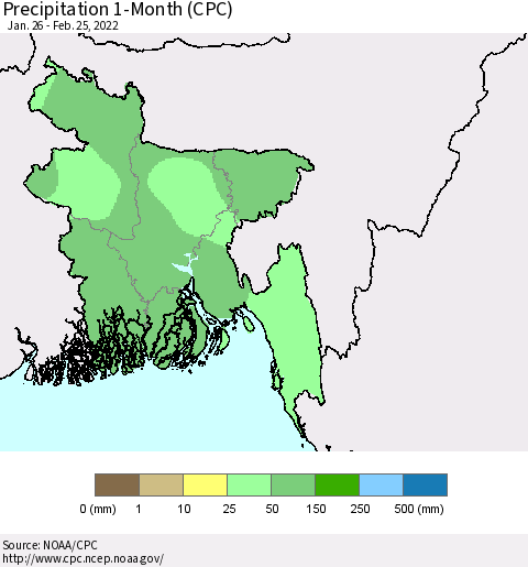 Bangladesh Precipitation 1-Month (CPC) Thematic Map For 1/26/2022 - 2/25/2022