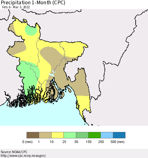Bangladesh Precipitation 1-Month (CPC) Thematic Map For 2/6/2022 - 3/5/2022