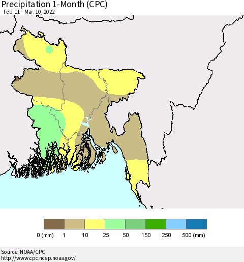 Bangladesh Precipitation 1-Month (CPC) Thematic Map For 2/11/2022 - 3/10/2022