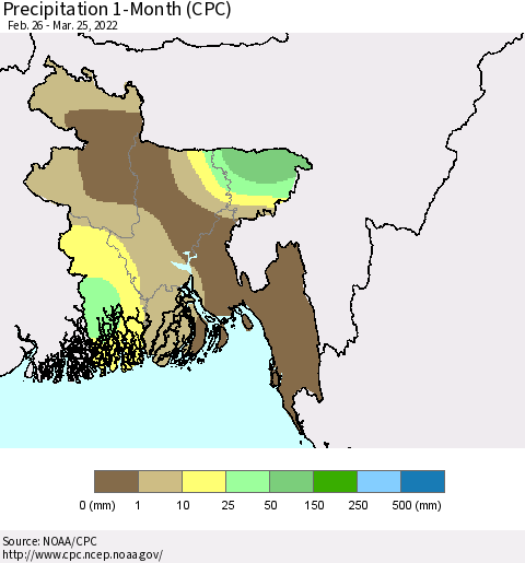 Bangladesh Precipitation 1-Month (CPC) Thematic Map For 2/26/2022 - 3/25/2022