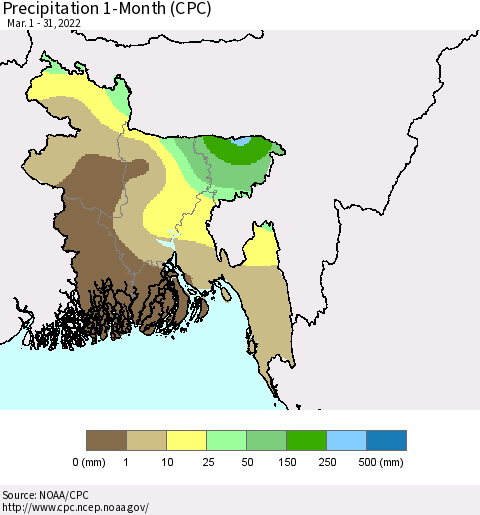 Bangladesh Precipitation 1-Month (CPC) Thematic Map For 3/1/2022 - 3/31/2022
