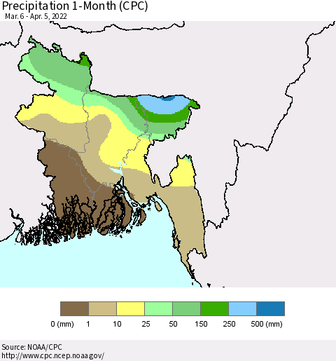 Bangladesh Precipitation 1-Month (CPC) Thematic Map For 3/6/2022 - 4/5/2022