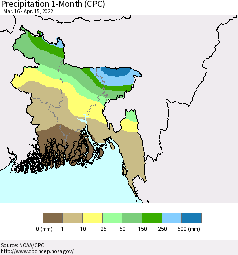 Bangladesh Precipitation 1-Month (CPC) Thematic Map For 3/16/2022 - 4/15/2022